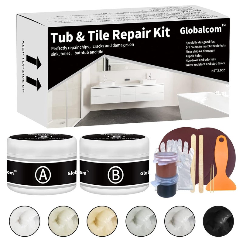 Globalcom Tub and Fiberglass Shower Repair Kit (Color Match), 3.7oz Porcelain Repair Kit, Porcelain Sink and Acrylic Bathtub Repair Kit White for Cracks Chips Dents Holes Almond/Biscuit/Bone - Image 1